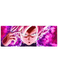 Compact 32x12 inches mouse pad featuring Goku Black in Super Saiyan Rosé, with glowing pink aura and powerful presence, ideal for smaller desks.