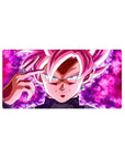 Mouse pad featuring Goku Black in Super Saiyan Rosé, 32x16 inches, capturing his power and elegance with a glowing pink aura.