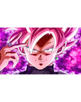 Desk pad featuring Goku Black in Super Saiyan Rosé, 40x20 inches, with his sinister gaze and glowing pink aura, perfect for fans of Dragon Ball's ultimate villain.