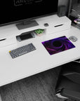 Violet clouds spiraling into a midnight center with tiny stars mouse pad, 14x10 inches.