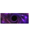 Cosmic swirl galaxy desk mouse pad 32x12 inches with violet nebula clouds and tiny stars.