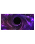 Cosmic swirl nebula desk mouse pad 32x16 inches with violet clouds, magenta haze, and starlight stars.