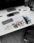 Protective tall figure in black coat with blue-haired companion anime mouse pad 32x16 inches, pulling forward.