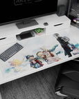 40x20 inches anime desk pad with tall figure in black coat protecting a small blue-haired companion in the clouds.