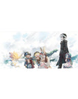 36x16 inches anime desk pad with sky adventurers holding hands, goggles, capes, crisp airy linework.