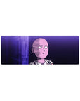 32x12 inches anime mouse pad with Saitama neon violet portrait, crisp comic shading, and clean purple city backdrop.