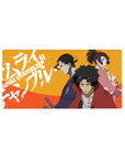 32x16 inches anime mouse pad with paint-splatter lettering and three warriors in a sharp triangle pose.