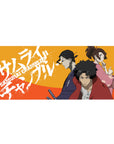 36x16 inches anime desk pad with paint-splatter lettering and three warriors in a sharp triangle pose.
