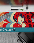 Candy red and teal anime desk pad with creamy highlights and playful chunibyo vibe, smooth glide, 40x20 inches.