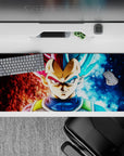 Sleek 36x16 inch desk pad featuring Vegeta's raw power and intense dual transformations for enthusiasts