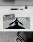 Dark futuristic anime mouse pad 28x12 inches in glossy black and steel with a violet neon visor.