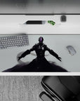 36x16 inches anime desk pad in glossy black and steel tones with neon violet visor, calm deadly mood.
