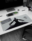 36x16 inches anime desk pad showing a final-boss armored figure, arms spread, smoky swirls at feet.