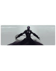 Sleek armored anime mouse pad 32x12 inches with lone futuristic warrior on a clean pale background.