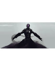36x16 inches anime desk pad with lone armored warrior, long coat, violet visor, clean pale backdrop.