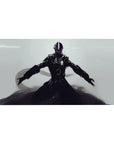 Anime desk pad 40x20 inches with lone armored warrior, long coat, glossy black plating on pale backdrop.