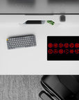 Dark anime mouse pad 14x10 inches with deep crimson Sharingan rings, blue glow rims, ominous vibe.