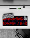 28x12 inches anime mouse pad in deep crimson and black with glowing blue rims, clean yet menacing vibe.