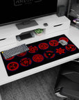 Sasuke Uchiha Sharingan eyes staring at your cursor on a 36x16 inches anime desk pad.