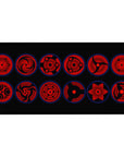 40x20 inches anime desk pad with Sharingan eye lineup, Mangekyo swirls, tomoe rings, dark background.