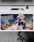 Anime girl mouse pad 32x16 inches in creamy blues with rose-gold sparks, calm dreamy Violet Evergarden vibe.