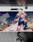 Calming anime desk pad 40x20 inches in creamy blues with rose-gold sparks and dreamy sky mood.