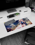 28x12 inches Violet Evergarden mouse pad featuring Violet gazing forward in a dreamy sky with embers.