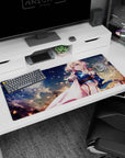 36x16 inches Violet Evergarden desk pad, Violet gazing forward beneath soft skies with floating embers.