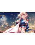 Anime girl desk pad 40x20 inches with soft clouds, drifting embers, and flowing white cape artwork.