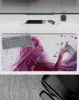 Anime mouse pad 32x16 inches, featuring Zero Two from Darling in the Franxx, with pink hair and red horns amid petals.