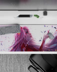 Anime mouse pad 36x16 inches featuring Zero Two from Darling in the Franxx, pink hair and red horns amid scattered petals.