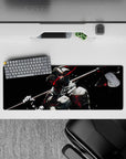 32x12 inches anime mouse pad in black, bone-white steel tones, with sharp red speed lines and dark mood.