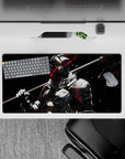 Dark anime mouse pad 32x16 inches in black, red streaks, bone-white armor, cold steel highlights.
