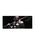 28x12 inches anime mouse pad with armored warrior, fur collar, and axe on black background with red streaks.
