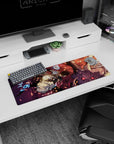 Artistic 32x12 inches mouse pad featuring Sung Jin-Woo design, with crackling lightning and energy in his battle against a towering demon for intensity.