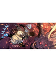 Mouse pad featuring Sung Jin-Woo design, 36x16 inches, with crackling lightning and energy bursting as he battles a demon, capturing intense action.