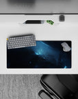 Stormy blues and inky black space mouse pad 28x12 inches, calm moody clouds with light streaks.