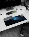 Starry space cloudscape mouse pad 28x12 inches showing smoky nebula with tiny stars and lightning streaks.