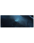 Midnight nebula galaxy desk mouse pad 32x12 inches with smoky clouds and star specks.