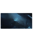 Midnight nebula desk mouse pad 32x16 inches with stormy blue clouds, star specks, and icy streaks.