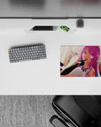 Candy pink anime mouse pad 14x10 inches with warm sunrise glow, neon eyes, cute mischievous vibe.