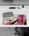 28x12 inches mouse pad in candy pink sunrise tones, cute teasing anime vibe with neon magenta eyes.