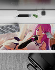 Candy pink anime desk pad 36x16 inches with warm sunrise glow, neon magenta eyes, cute mischievous vibe.