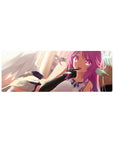 Anime girl mouse pad 32x12 inches with winged anime girl, violet hair, magenta eyes, sci-fi gloves.