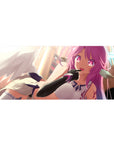 Anime girl desk pad 36x16 inches with winged pin-up pose, violet hair, magenta eyes, sci-fi gloves.