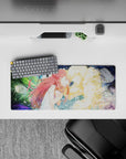 28x12 inches anime desk mat in neon green and deep blue swirls, soft cinematic mood, paint-splash motion.