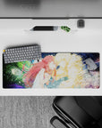 32x12 inches anime mouse pad in neon greens and deep blues, soft cinematic mood with paint-splash motion.