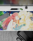 Moody 40x20 inches anime desk pad in neon green and deep blue, soft cinematic feel, calm in chaos.