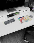 Red-haired girl in white dress leaning close to a glowing blond boy on anime mouse pad, 14x10 inches.