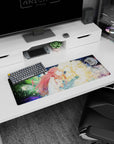 32x12 inches anime mouse pad showing a red-haired girl in white leaning close to a glowing blond figure.